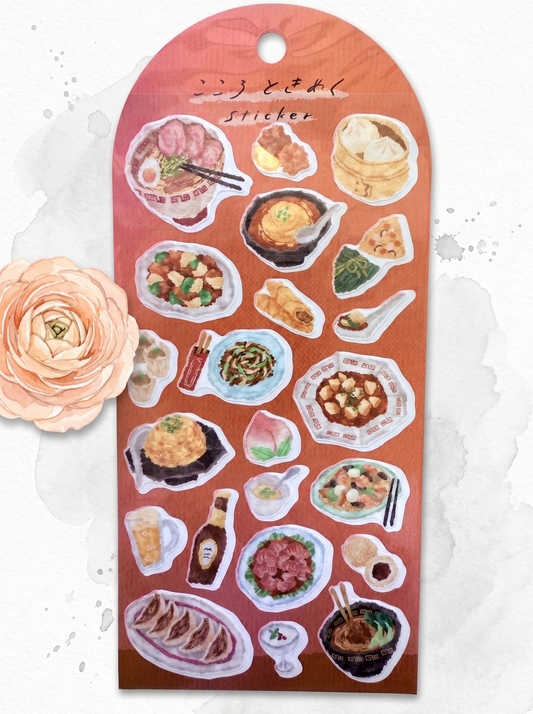 Sticker sheet with food illustrations on a pink background