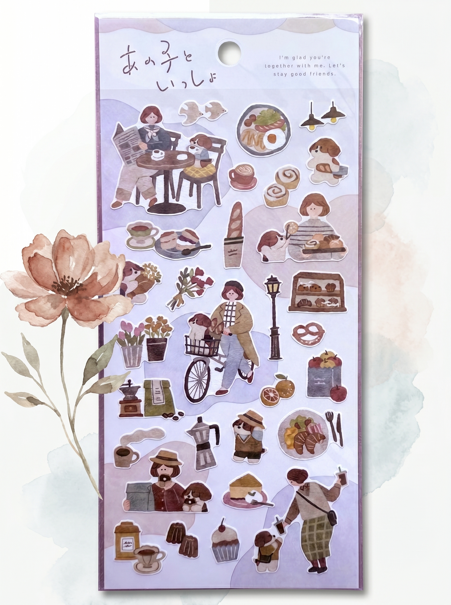 Sticker sheet with illustrations of people, food, and objects on a white background.