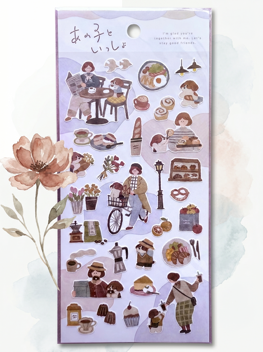 Sticker sheet with illustrations of people, food, and objects on a white background.